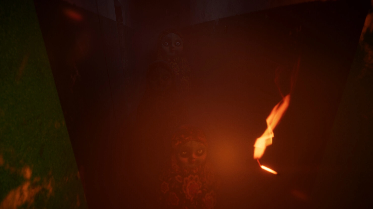 MATRESHKA: Eerie matryoshka dolls illuminated by a flickering flame in a dimly lit corridor