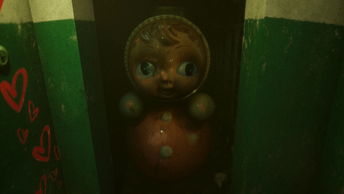 MATRESHKA: Large doll figure with haunting eyes in dimly lit corridor of old Soviet building maze