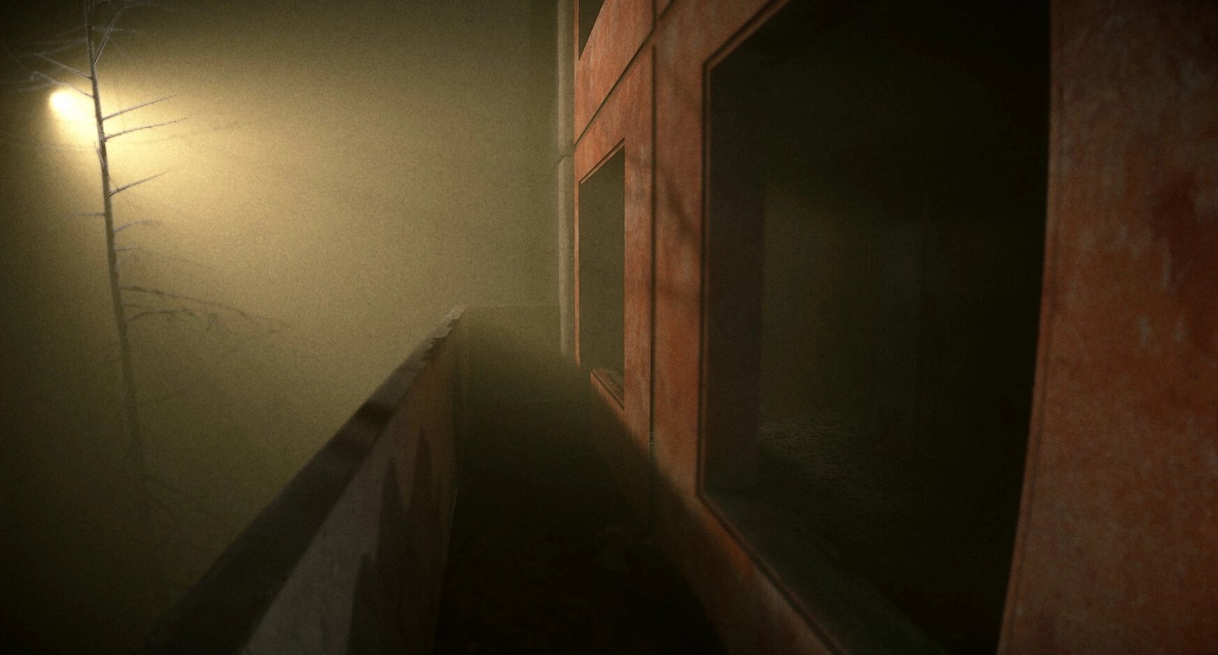 MATRESHKA: Dimly lit corridor in old Soviet building with fog and eerie atmosphere