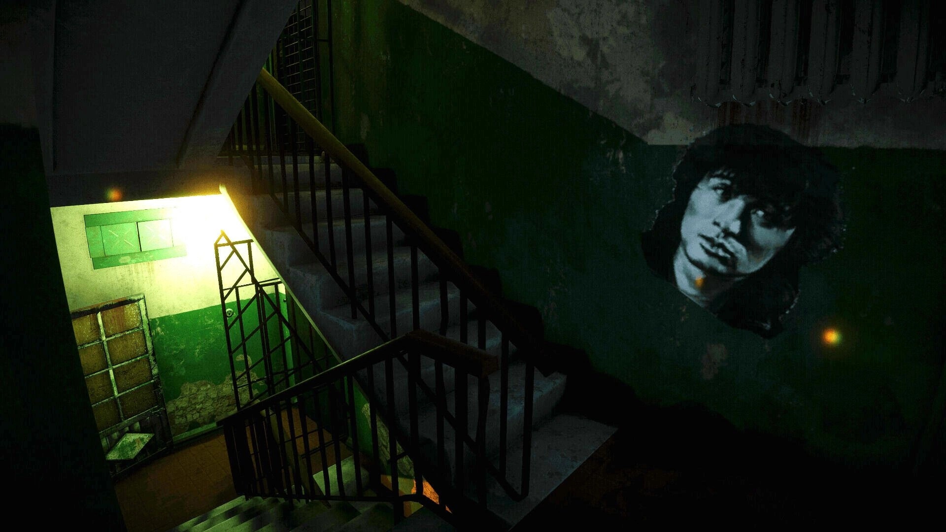 MATRESHKA: Dimly lit stairwell with peeling paint and eerie portrait on wall in old Soviet building
