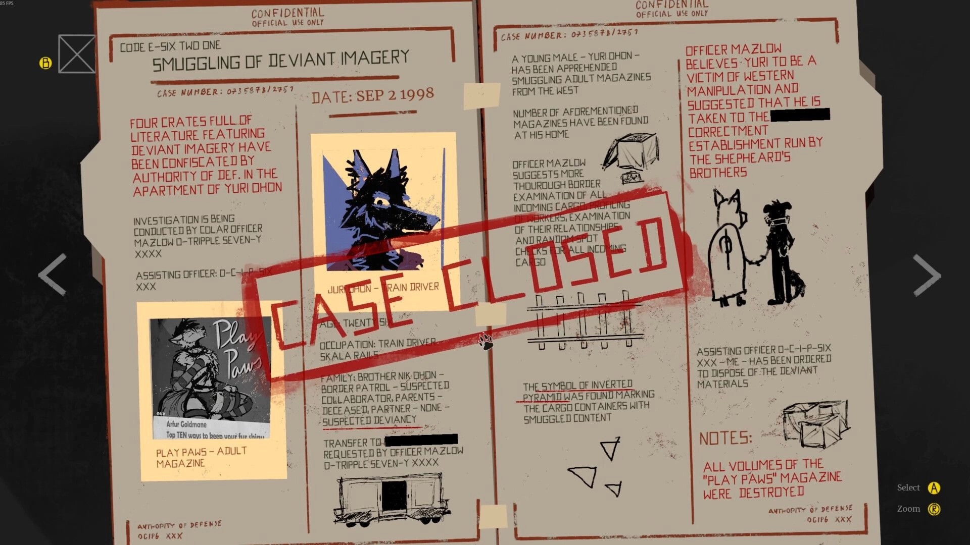 MAW: Case file with "CASE CLOSED" stamp, featuring a wolf character's profile and investigation notes.