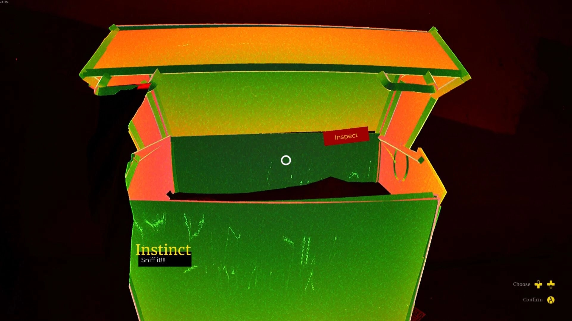 MAW: Open crate with options to "Inspect" and "Sniff it" using the wolf detective instincts