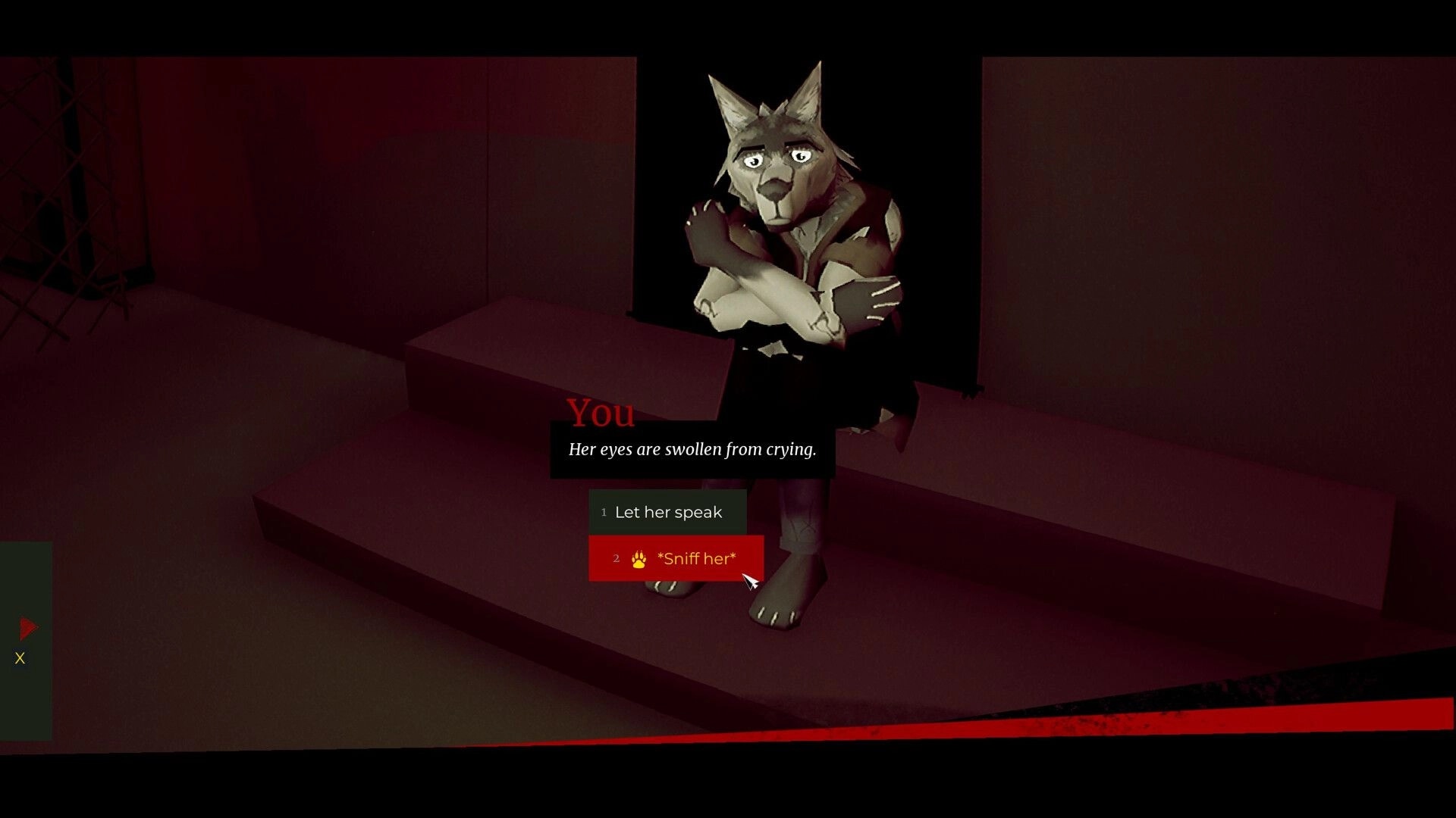 MAW: Wolf detective faces a choice to "Let her speak" or "*Sniff her*" in dimly lit interrogation room.