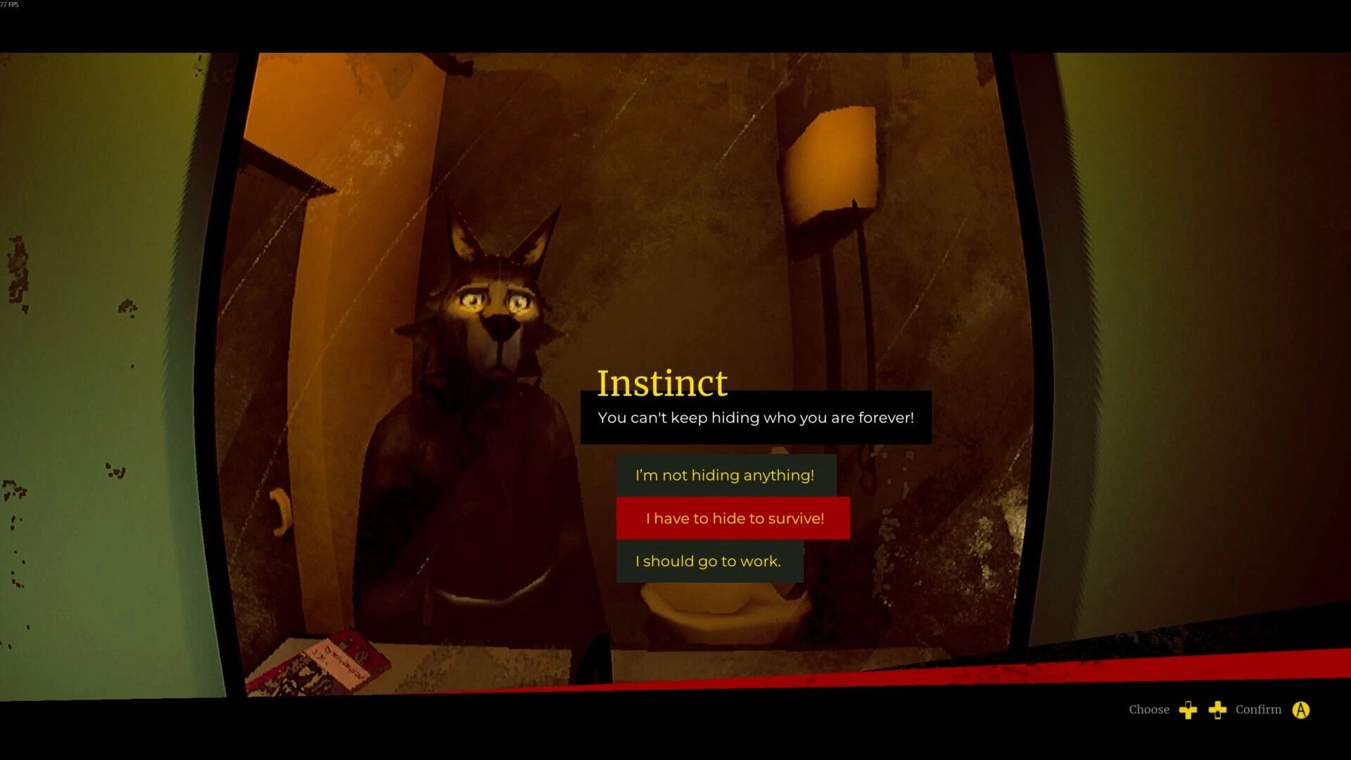 MAW: Wolf detective faces moral choices in dimly lit room with dialogue options on screen