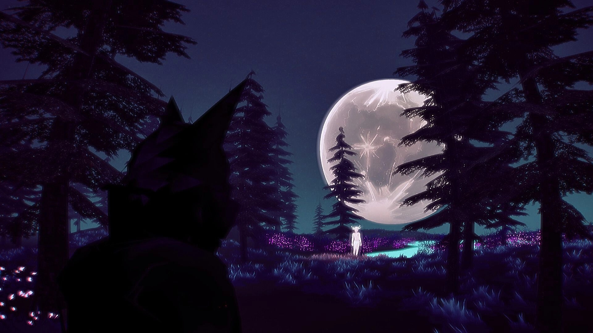 MAW: Wolf detective observing a glowing figure in a moonlit forest surrounded by tall trees and flowers.
