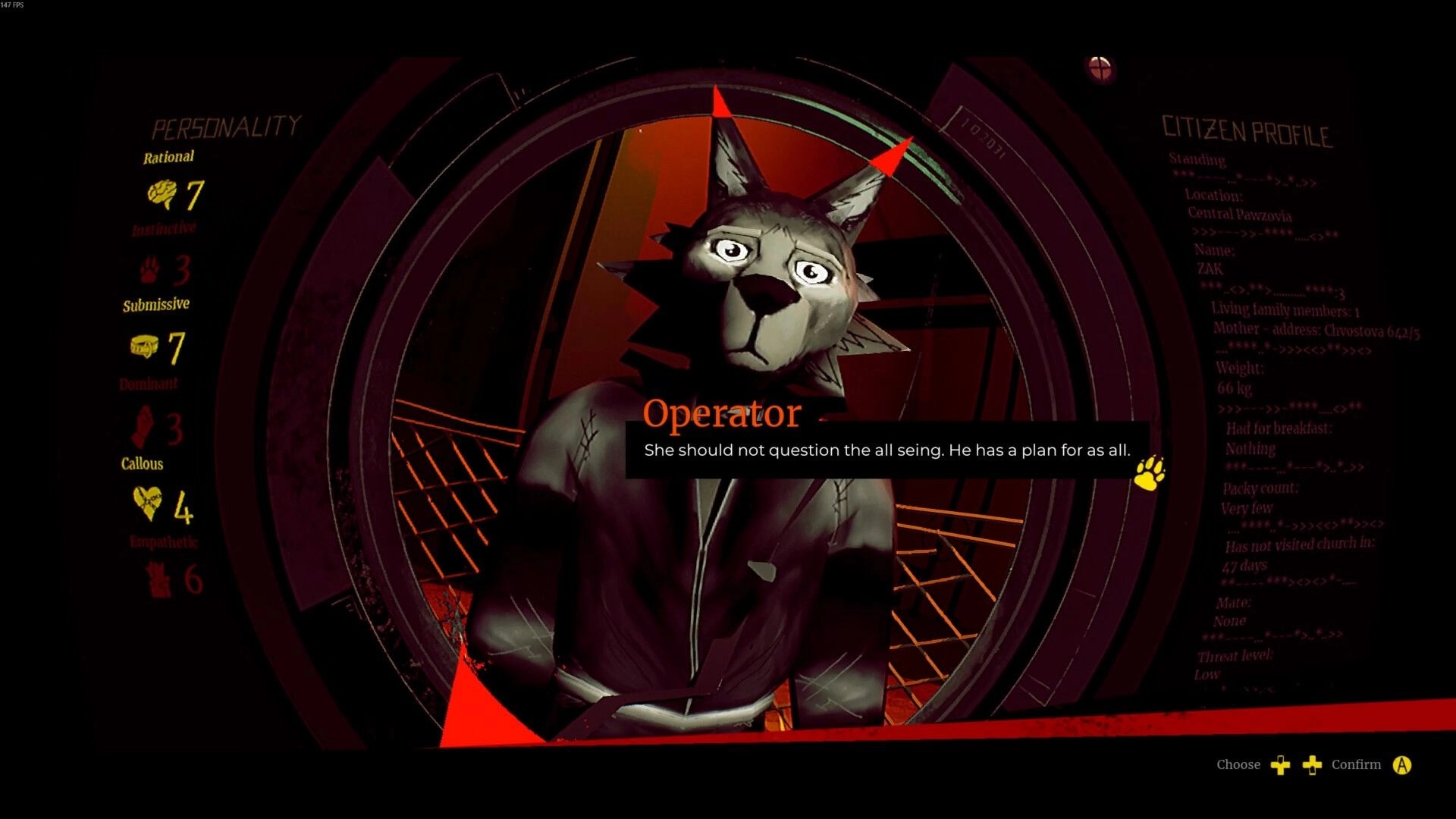 MAW: Wolf detective Zak interrogated by Operator. Personality stats and citizen profile displayed.
