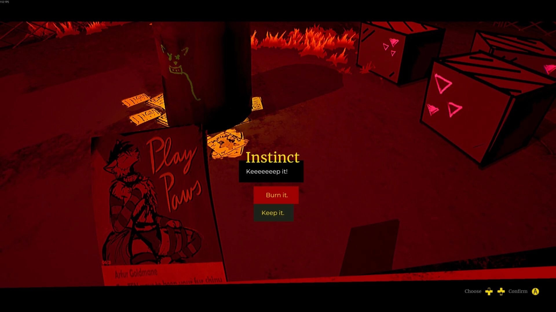MAW: Choice between burning or keeping a magazine in a dimly lit room with red lighting and boxes.