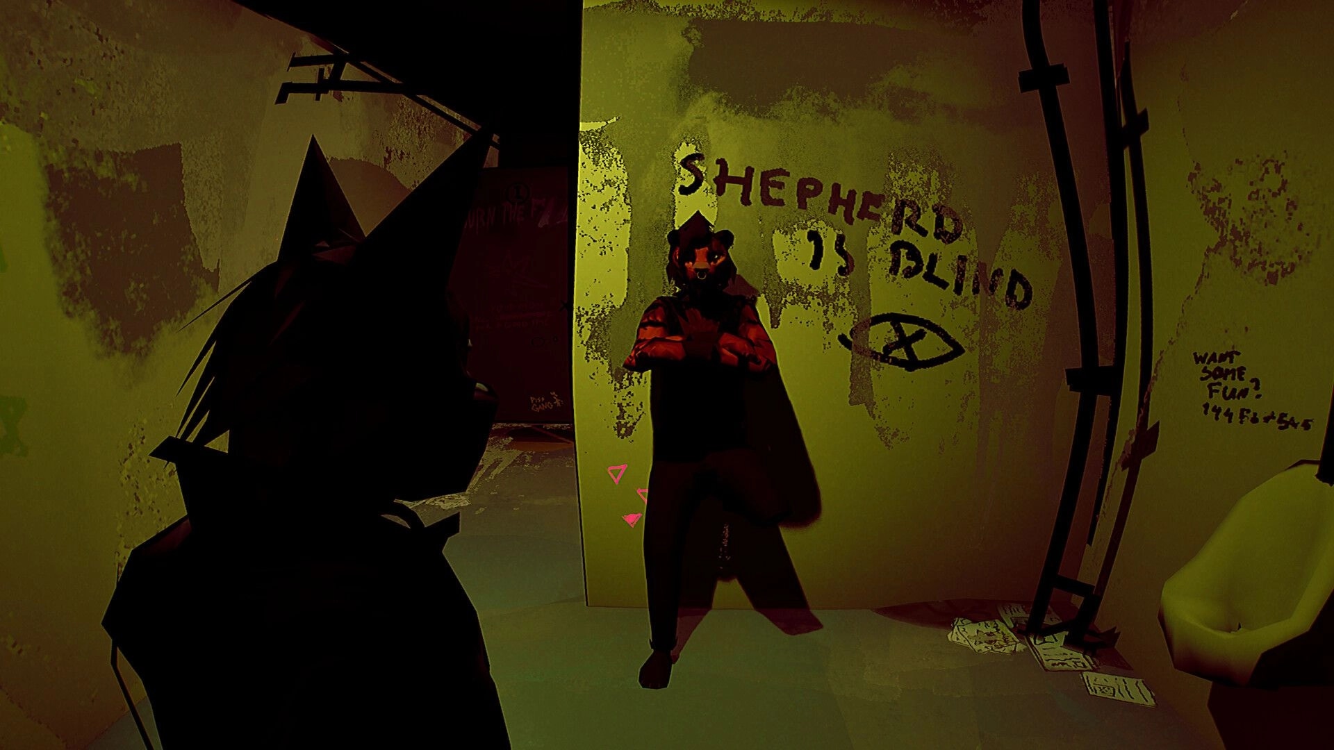 MAW: Wolf detective confronts a shadowy figure near graffiti in dimly lit corridor with scattered papers.