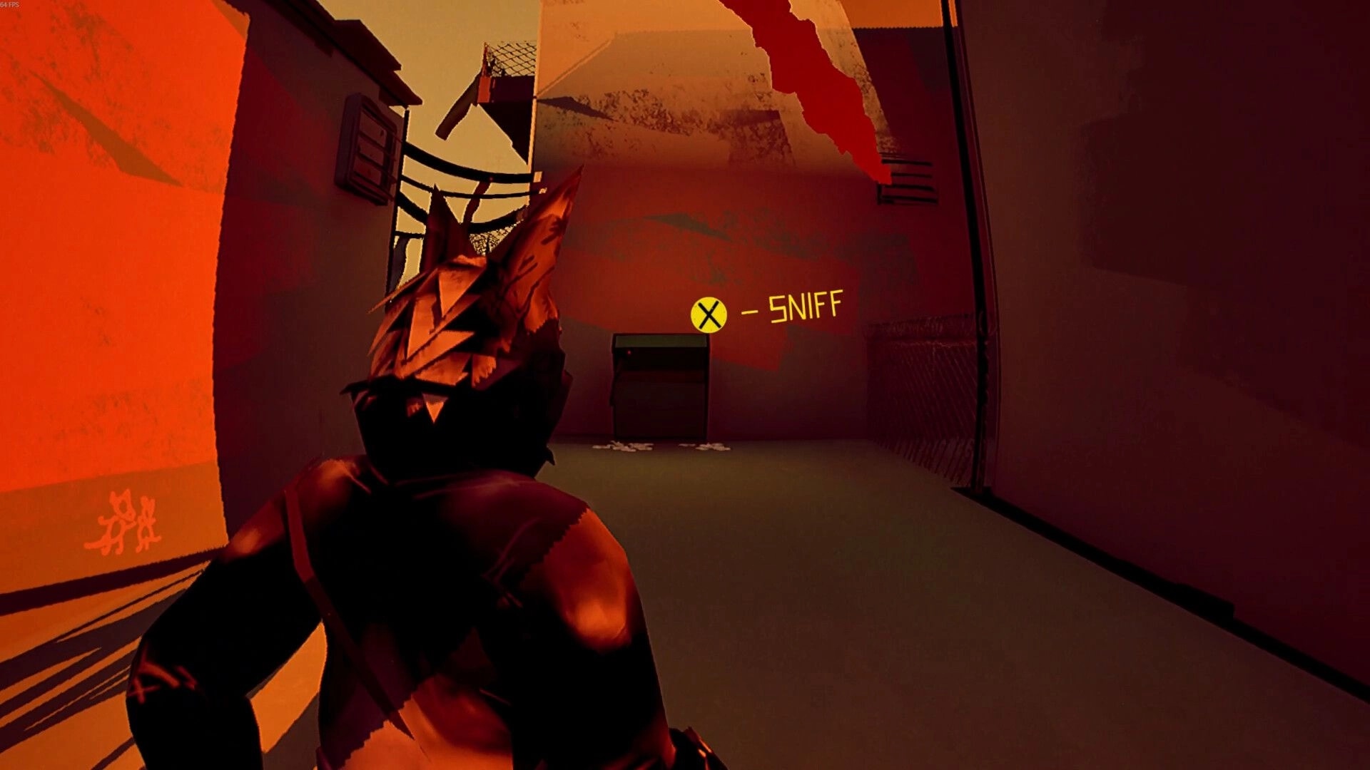 MAW: Wolf detective in alley with "X - Sniff" prompt near dumpster, under red-tinted evening sky