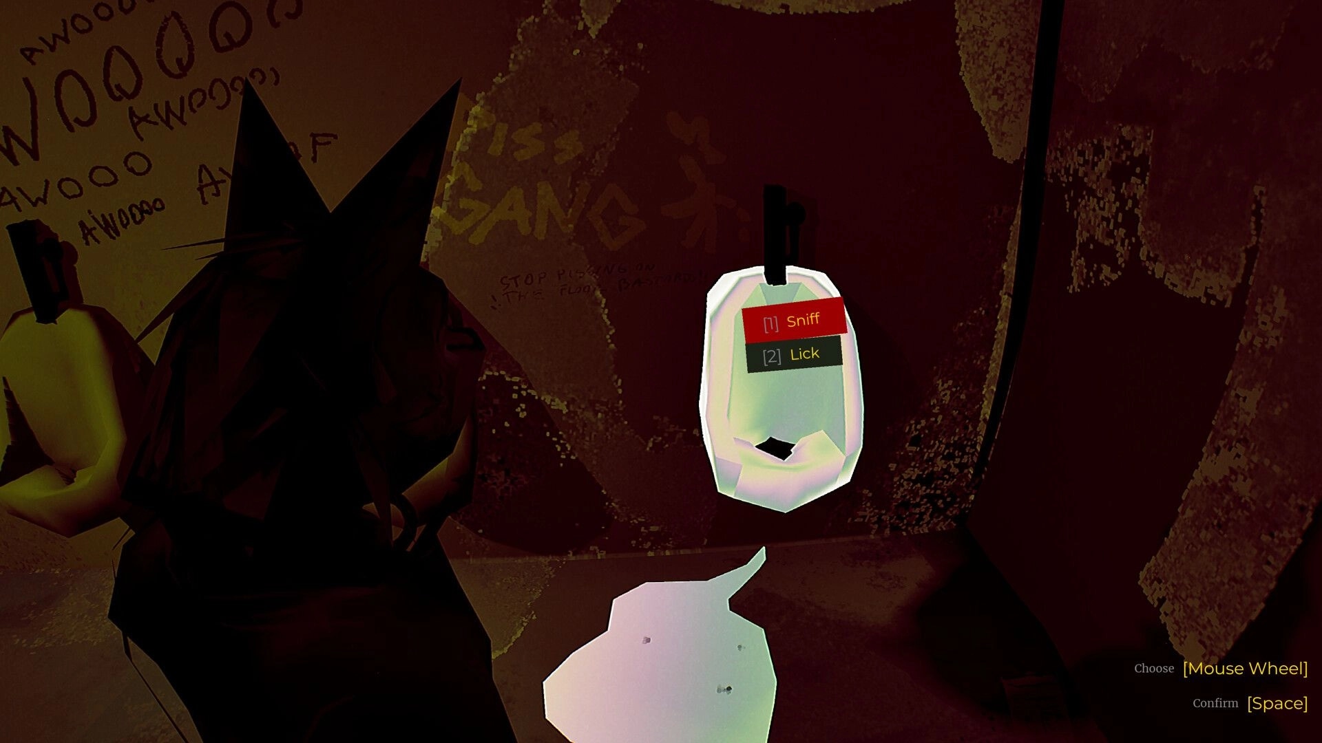 MAW: Wolf detective choosing to sniff or lick urinal in dimly lit bathroom with graffiti on walls