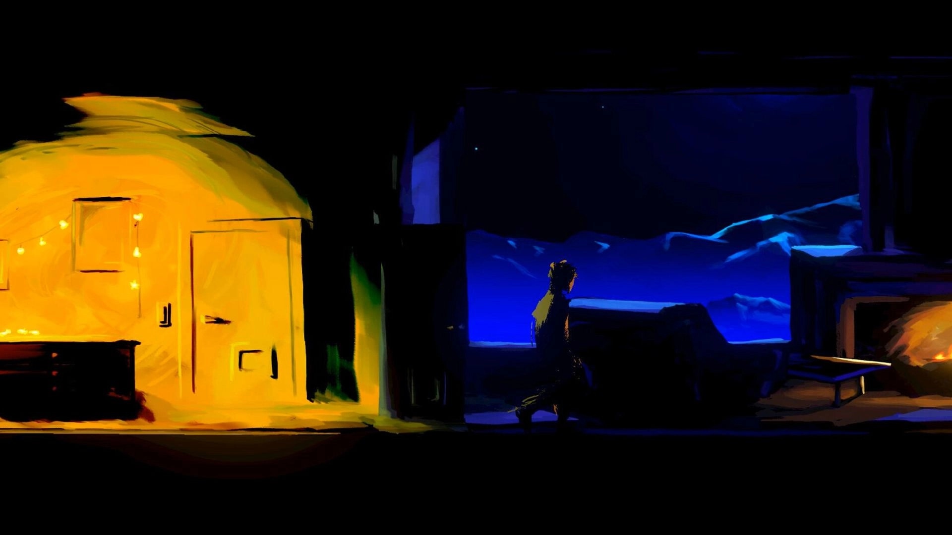 Mayak: Lone figure walks past a glowing house into a blue-lit snowy yard at night.