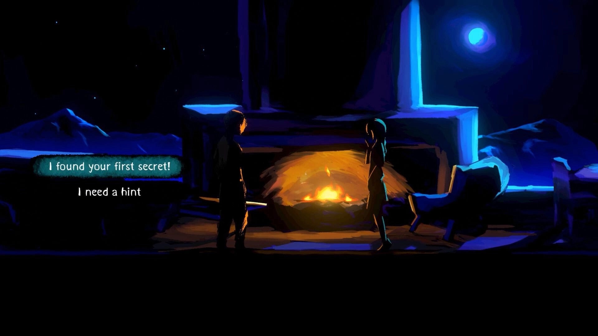 Mayak: Two silhouetted characters by a campfire with dialogue choices in a moonlit ruin at night.