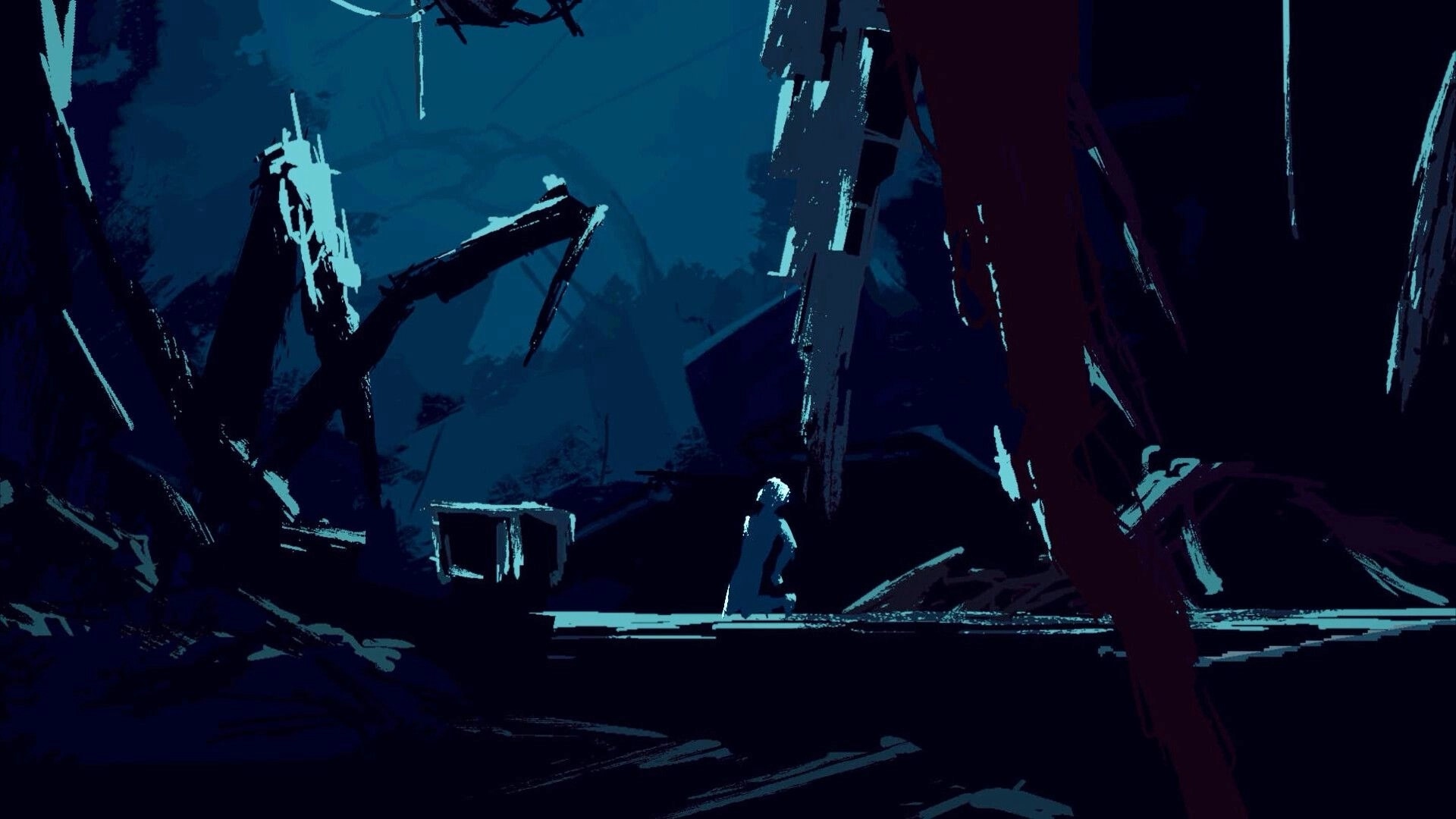 Mayak: Lone figure kneels on a platform amid jagged ruins in a dark blue forest clearing.