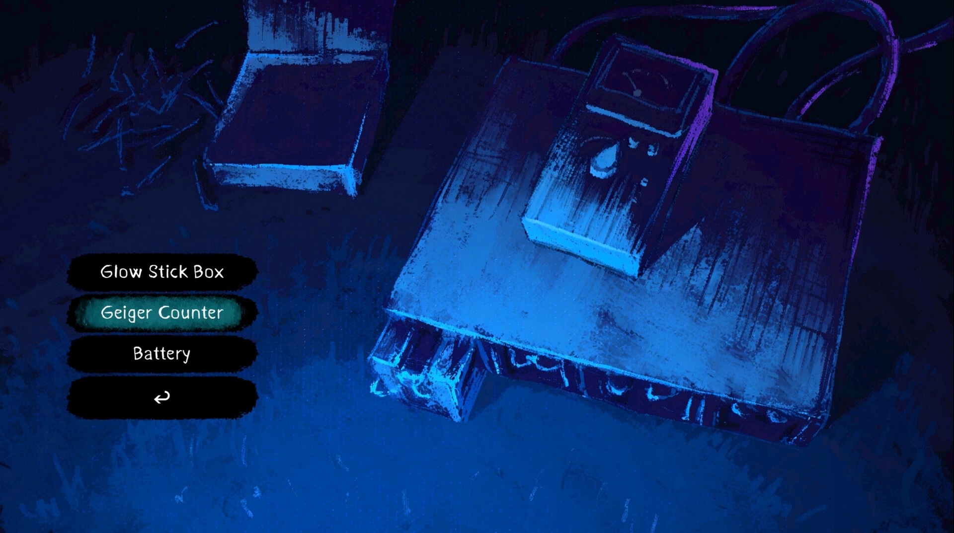 Mayak: Inventory menu selecting Geiger Counter beside a suitcase and boxes in dim blue light.