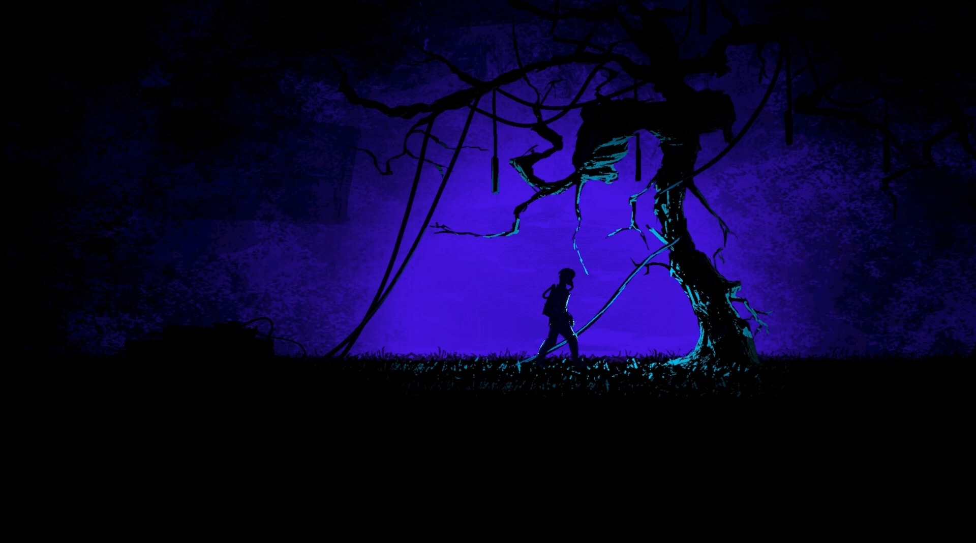 Mayak: Silhouetted character walks past twisted tree and hanging cables in a purple night forest.