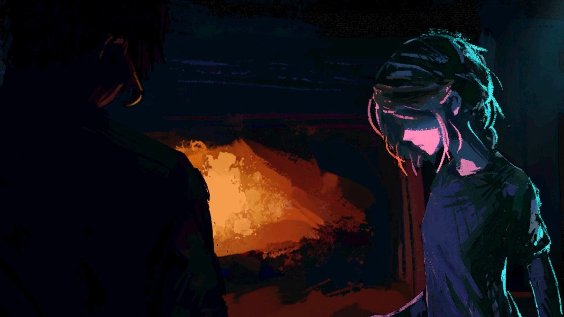 Mayak: Two figures face each other in a dim cabin, lit by orange glow and cool neon highlights.