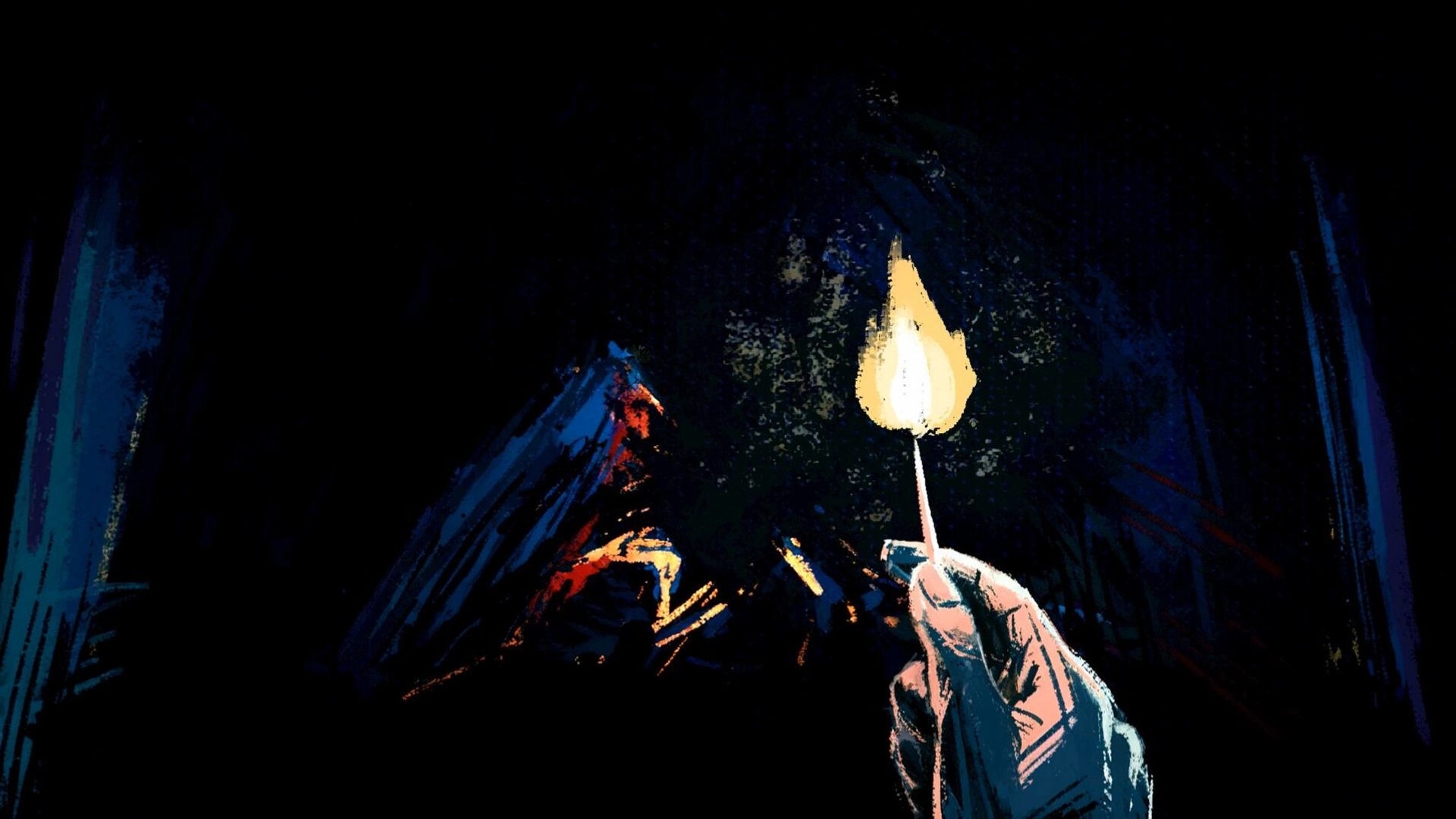 Mayak: Gloved hand holds a lit matchstick, illuminating a dark, painterly night scene.