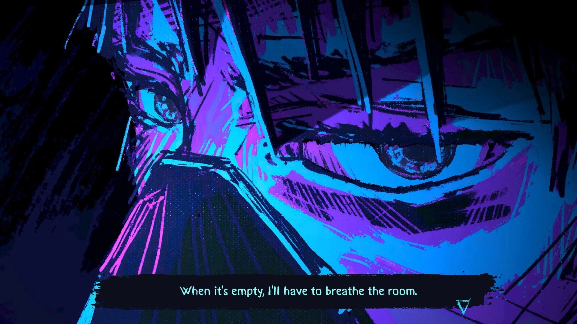 Mayak: Close-up of a character in an oxygen mask with dialogue text box in neon-lit scene.