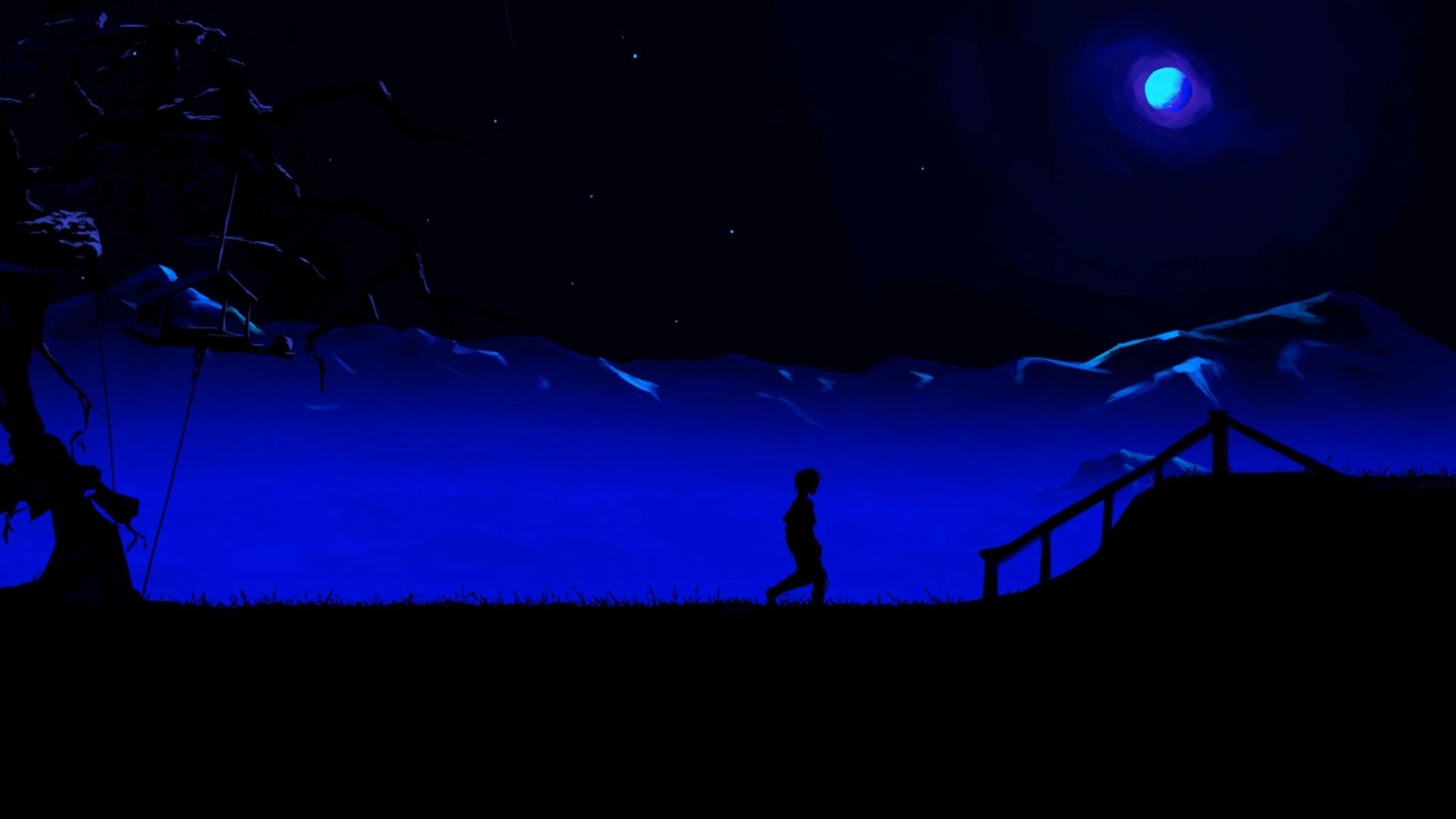 Mayak: Silhouetted figure walking by a railing under a bright blue moon over snowy mountains at night.