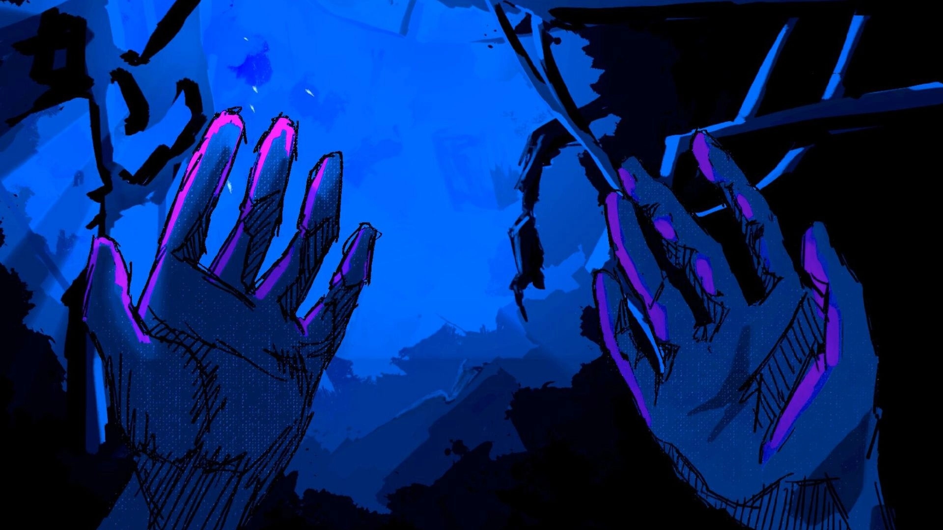 Mayak: Two stylized hands reach forward in first-person view, bathed in deep blue light.