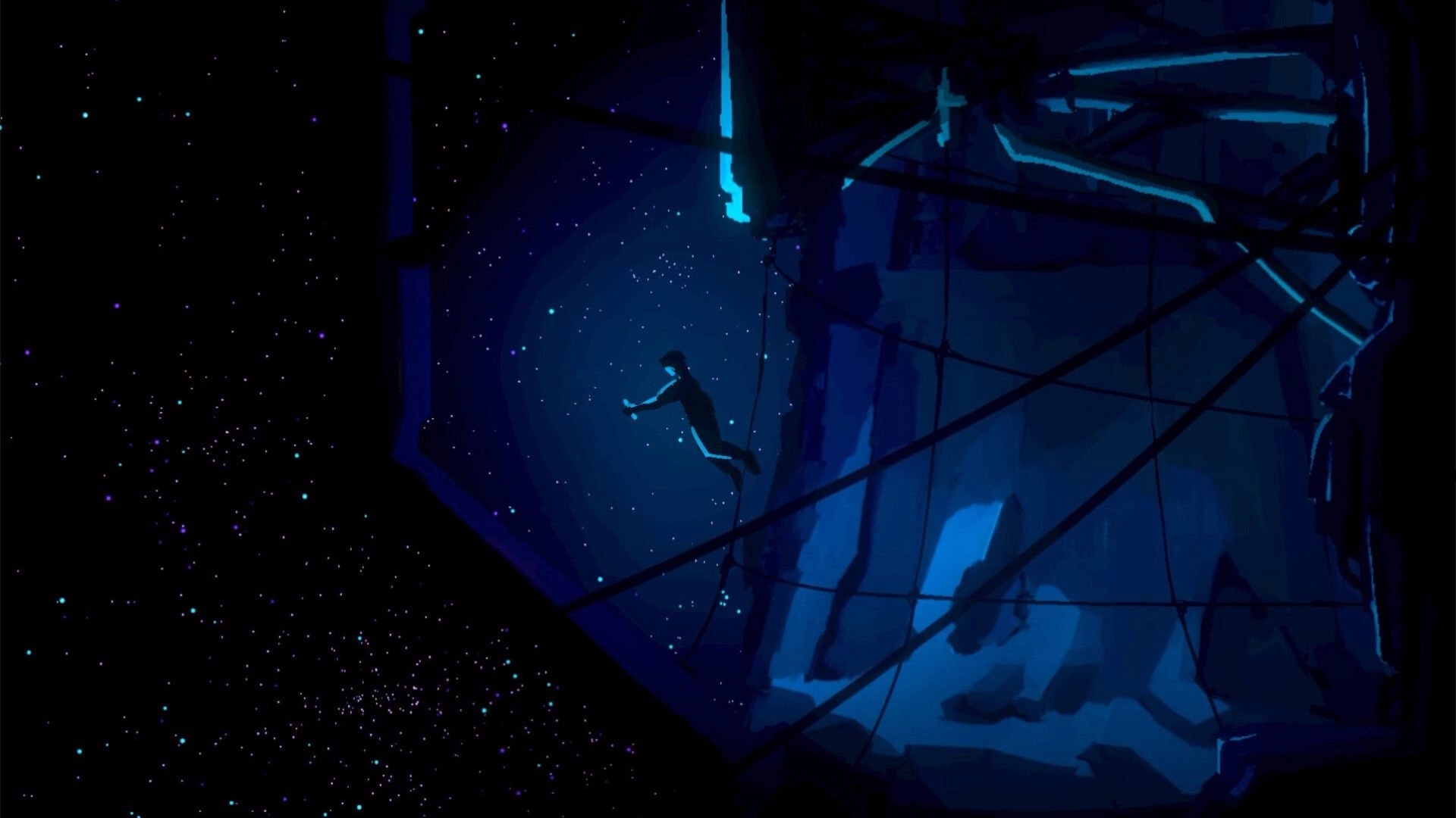 Mayak: Lone figure floating in a shattered blue space structure, stars glittering in the void.
