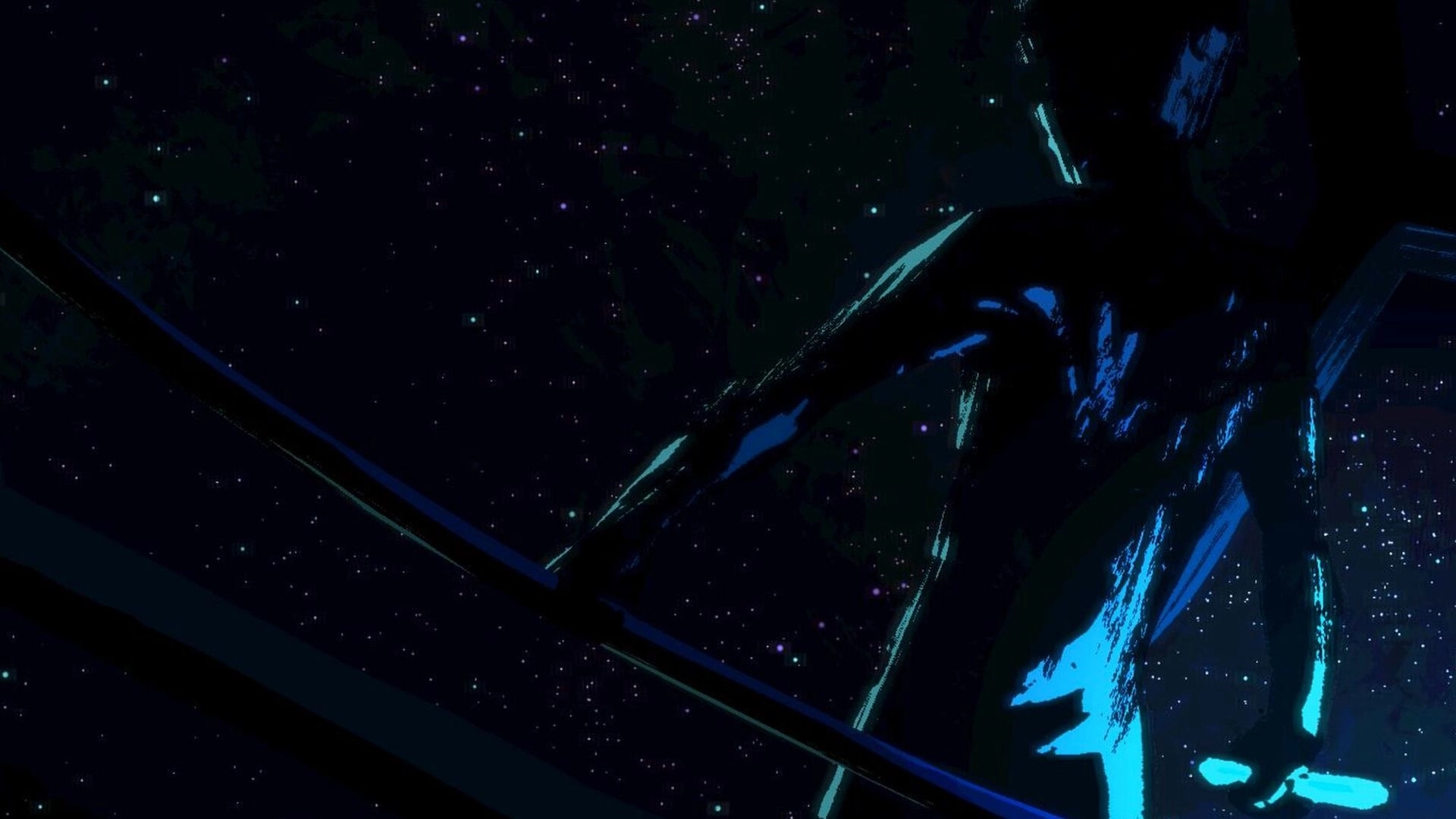 Mayak: Abstract blue-lit structure looming over a dense starfield in a dark space scene.