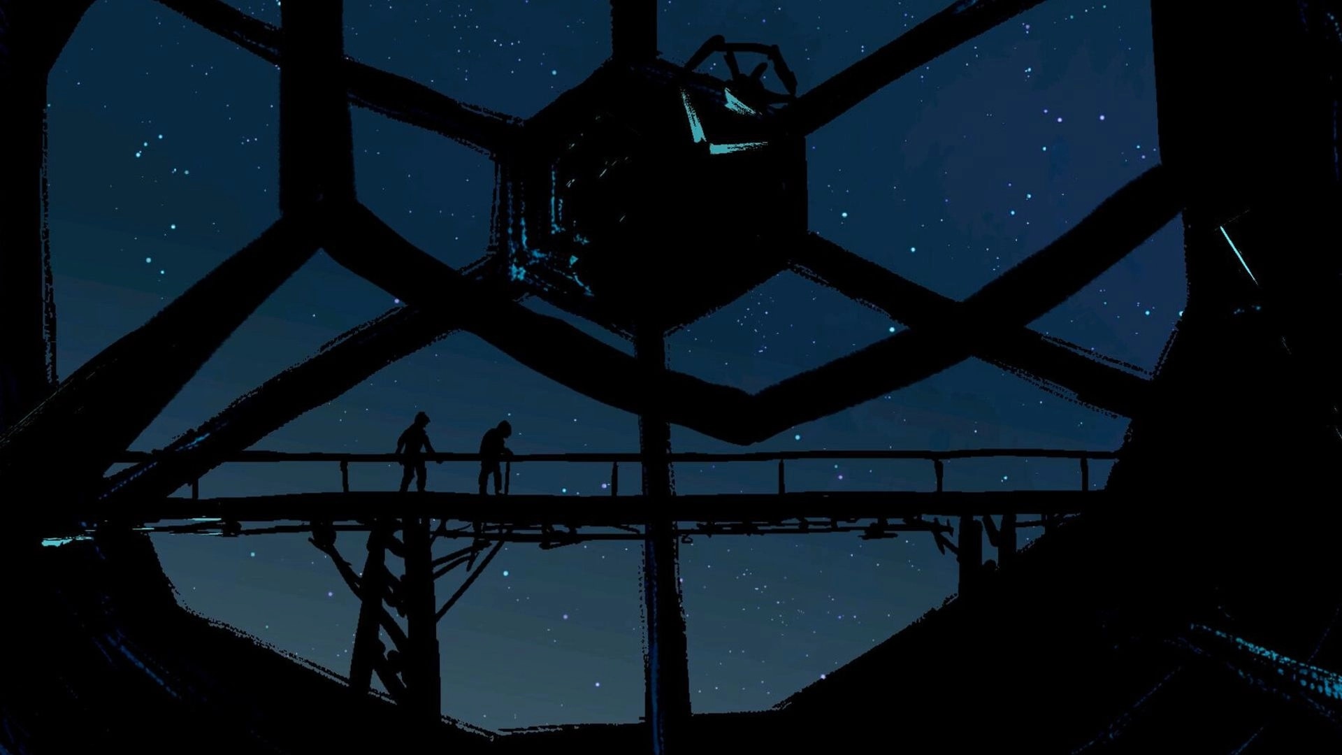 Mayak: Two silhouetted figures on a catwalk beneath a huge telescope frame in a starry night sky.