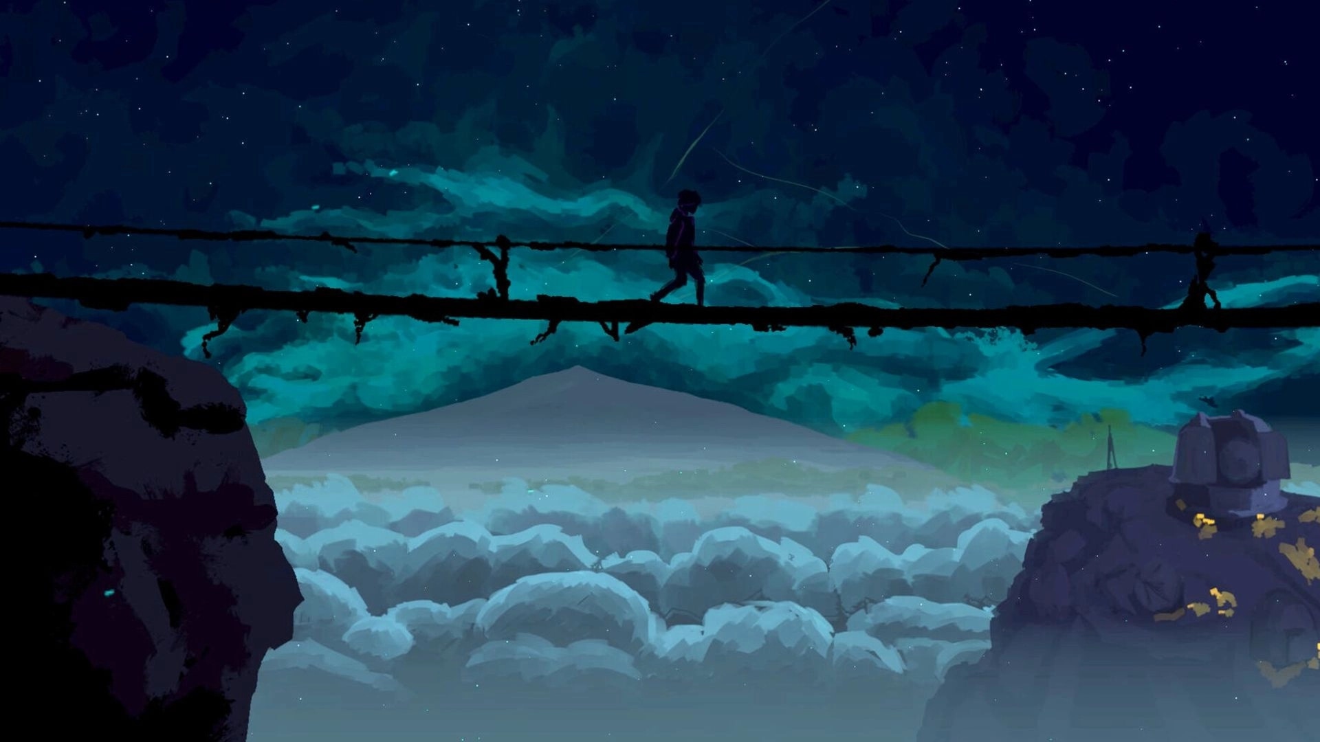 Mayak: Lone figure walking across a broken rope bridge above clouds under a starry night sky.