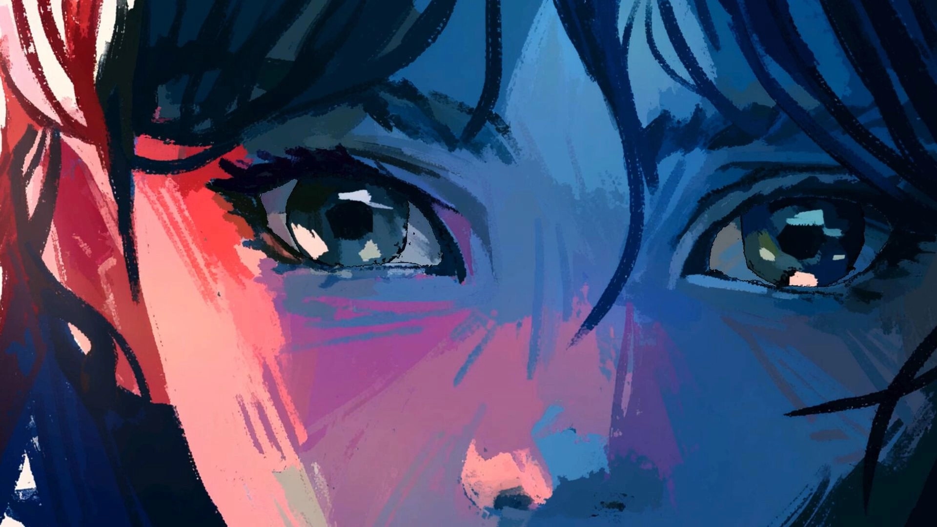 Mayak: Close-up painted portrait of a girl's eyes and face in blue and pink lighting, no UI.