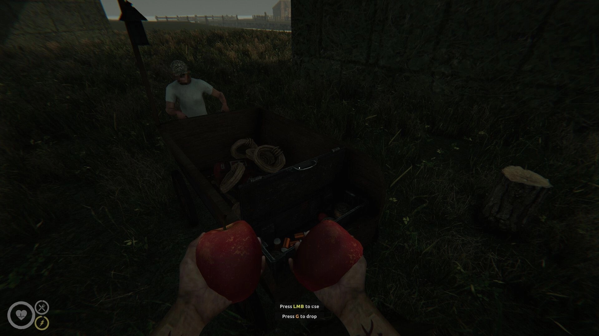 MAZEBOUND: Holding two apples while looting a supply crate beside a co-op ally in tall grass.