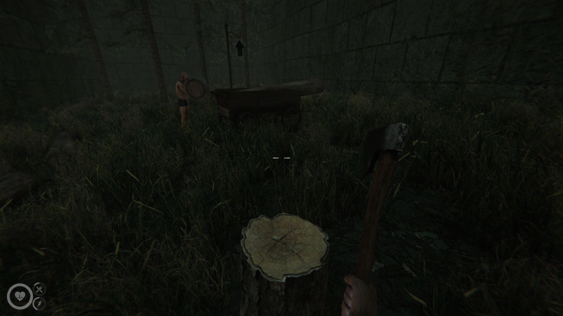 MAZEBOUND: First-person player holds an axe near a stump, teammate by cart in grassy maze wall yard.