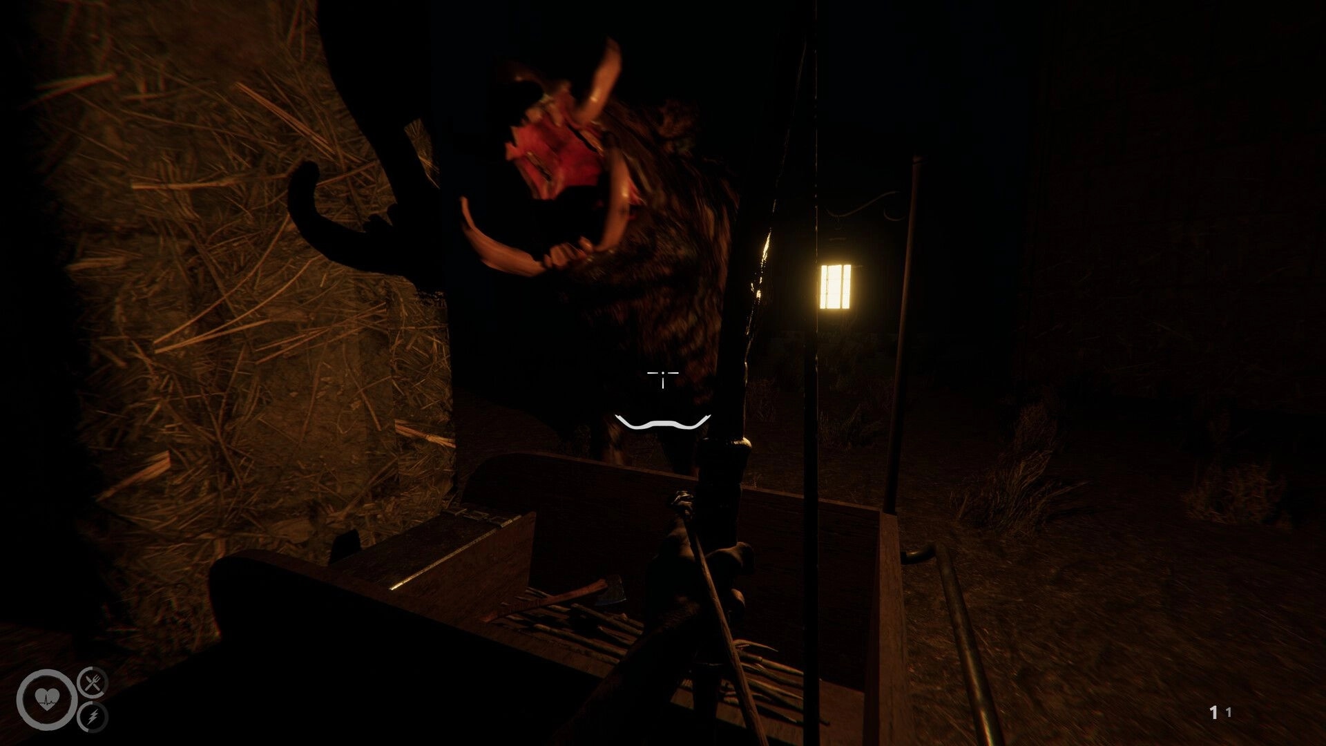 MAZEBOUND: First-person bow aimed at a charging boar in a dark barn with lantern light and HUD.