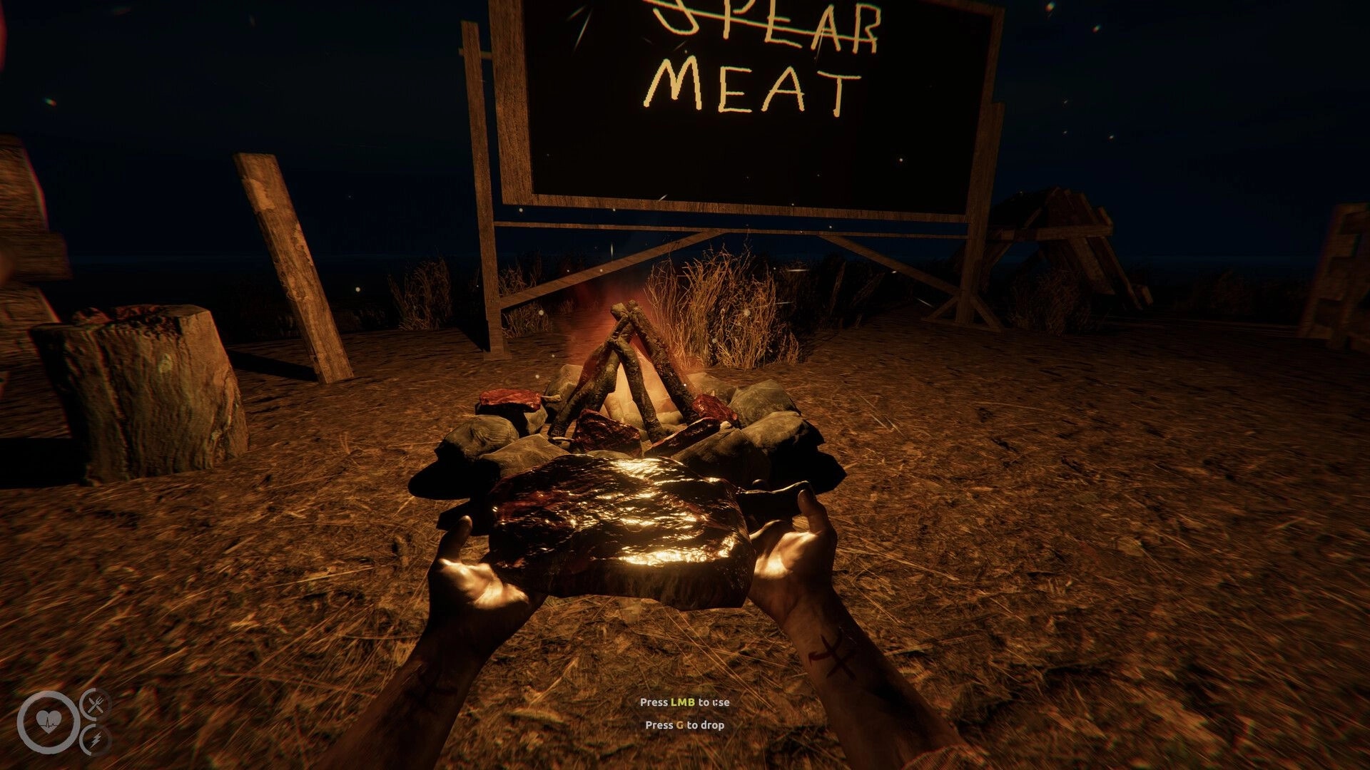 MAZEBOUND: Holding raw meat near a campfire with “SPEAR MEAT” sign in a dark clearing at night.