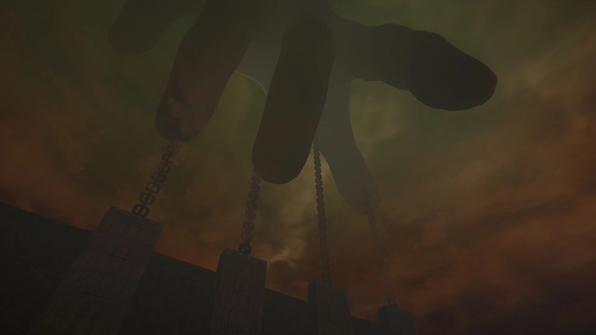 MAZEBOUND: Giant shadowy hand grips chains above a towering wall under a smoky orange sky.