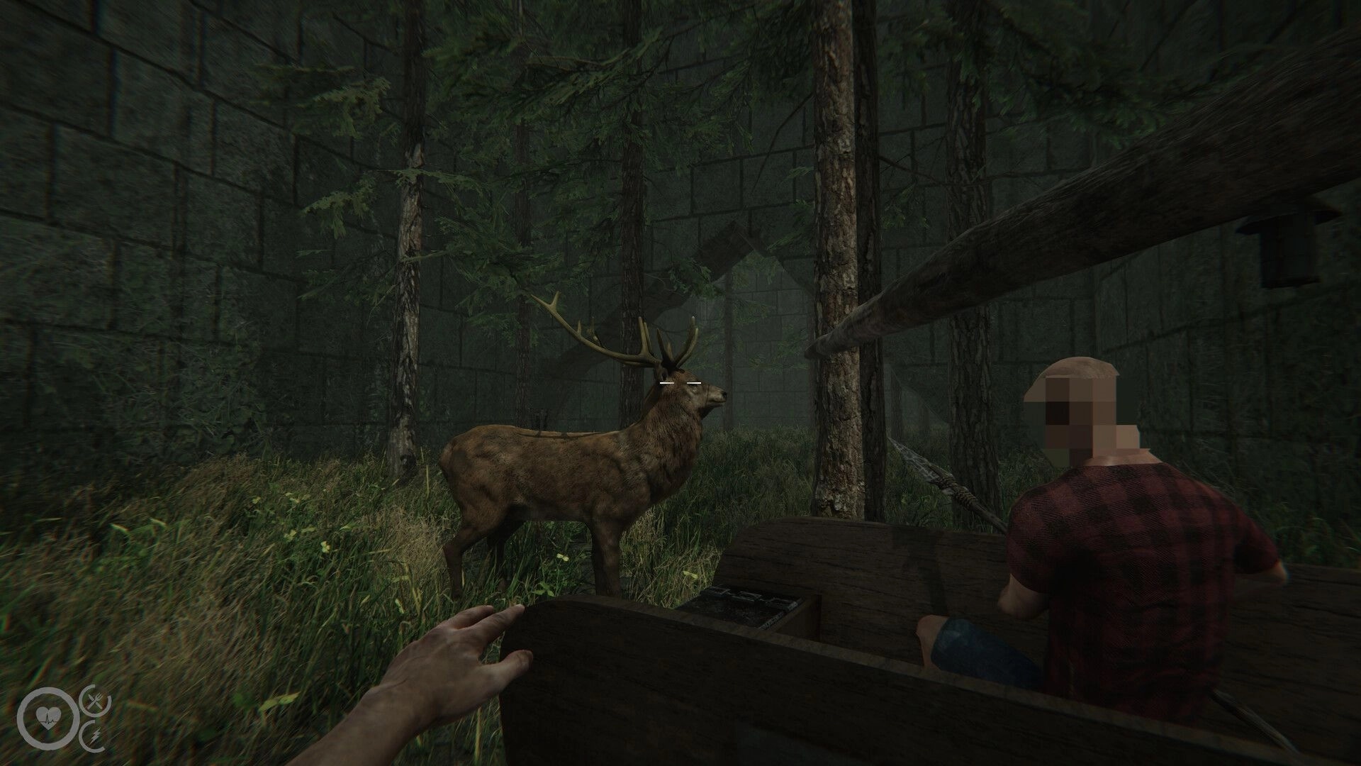 MAZEBOUND: Crosshair aimed at a stag as a co-op ally crouches behind a log in a stone-walled maze forest.