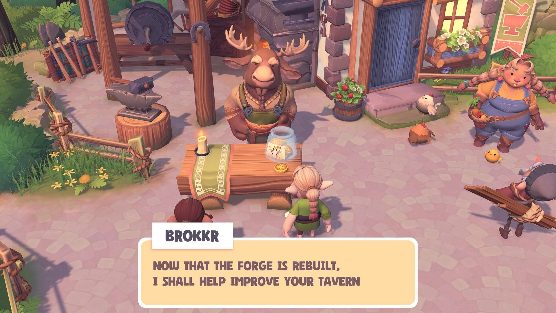 Meadgard: Dialogue with Brokkr at a forge table, village workshop courtyard with anvil and chickens nearby.