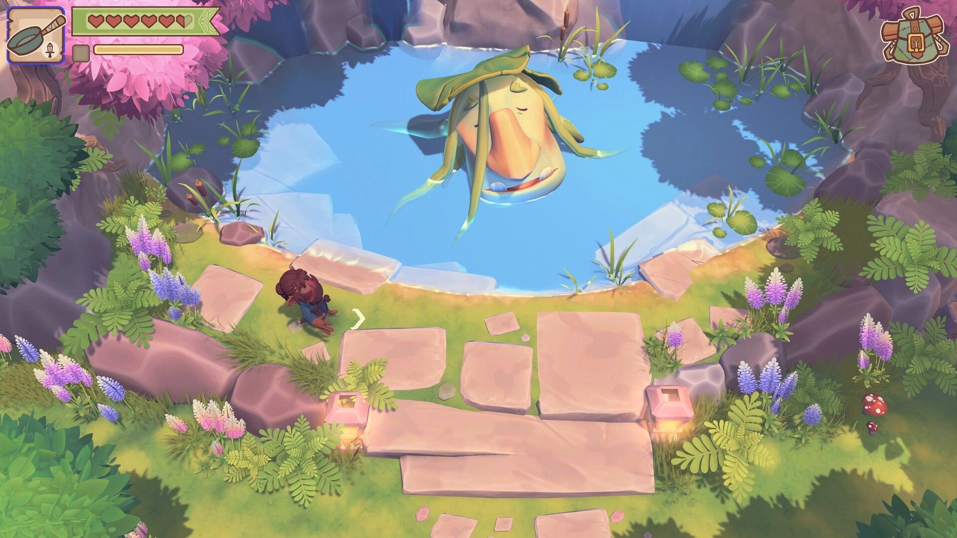 Meadgard: Player approaches a pond with a huge sleepy fish, hearts UI in lush flowered glade.