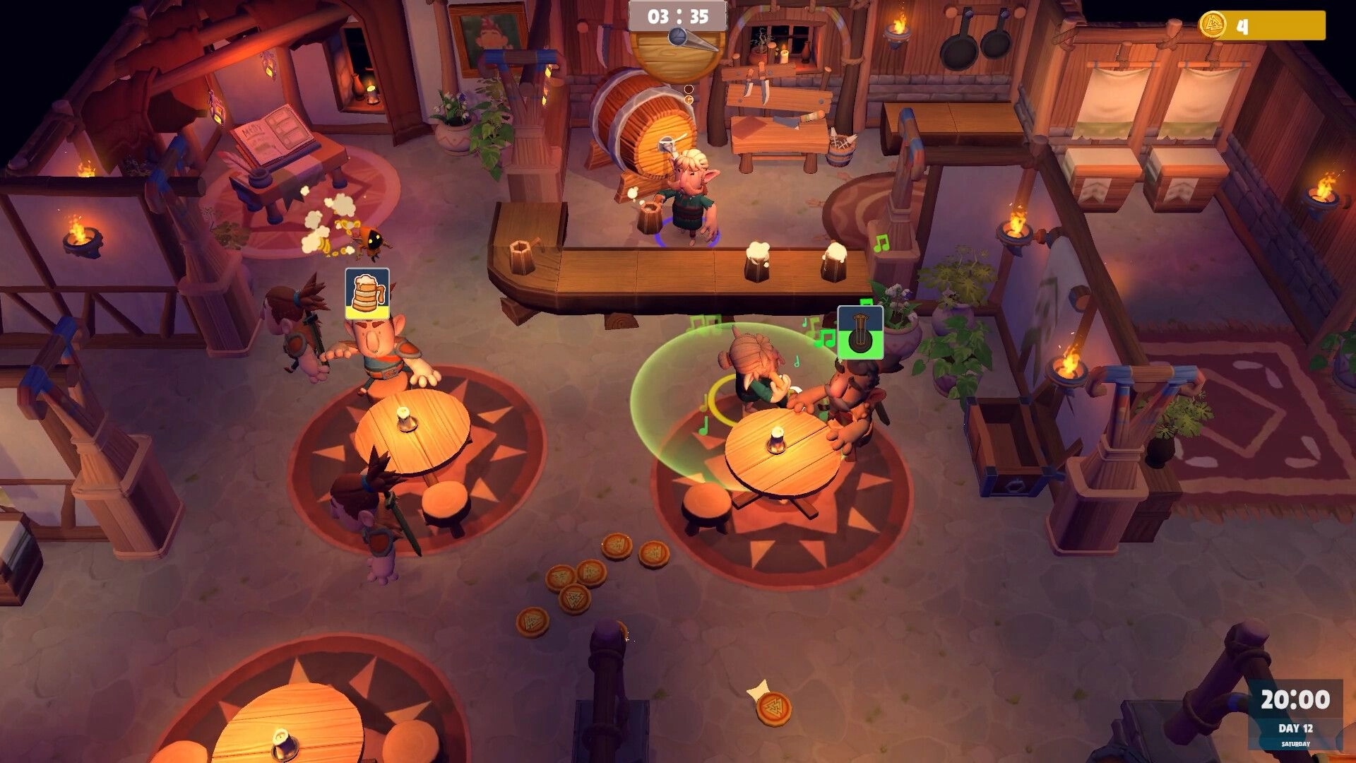 Meadgard: Co-op tavern shift with patrons at tables, beer and music icons, timer and coins UI indoors.