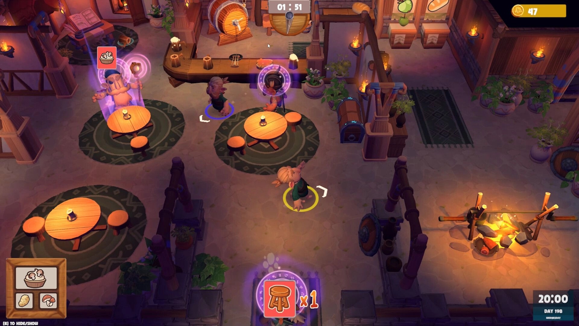 Meadgard: Two players manage tavern tables and bar with timer and coin UI in warm torchlit hall.