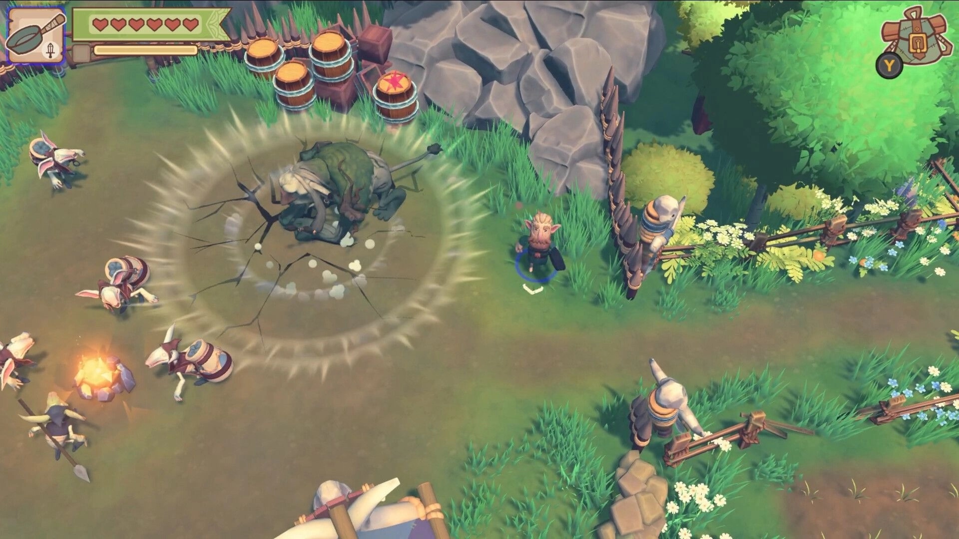 Meadgard: Top-down battle with a troll slammed into ground near barrels, fences, and heart HUD.