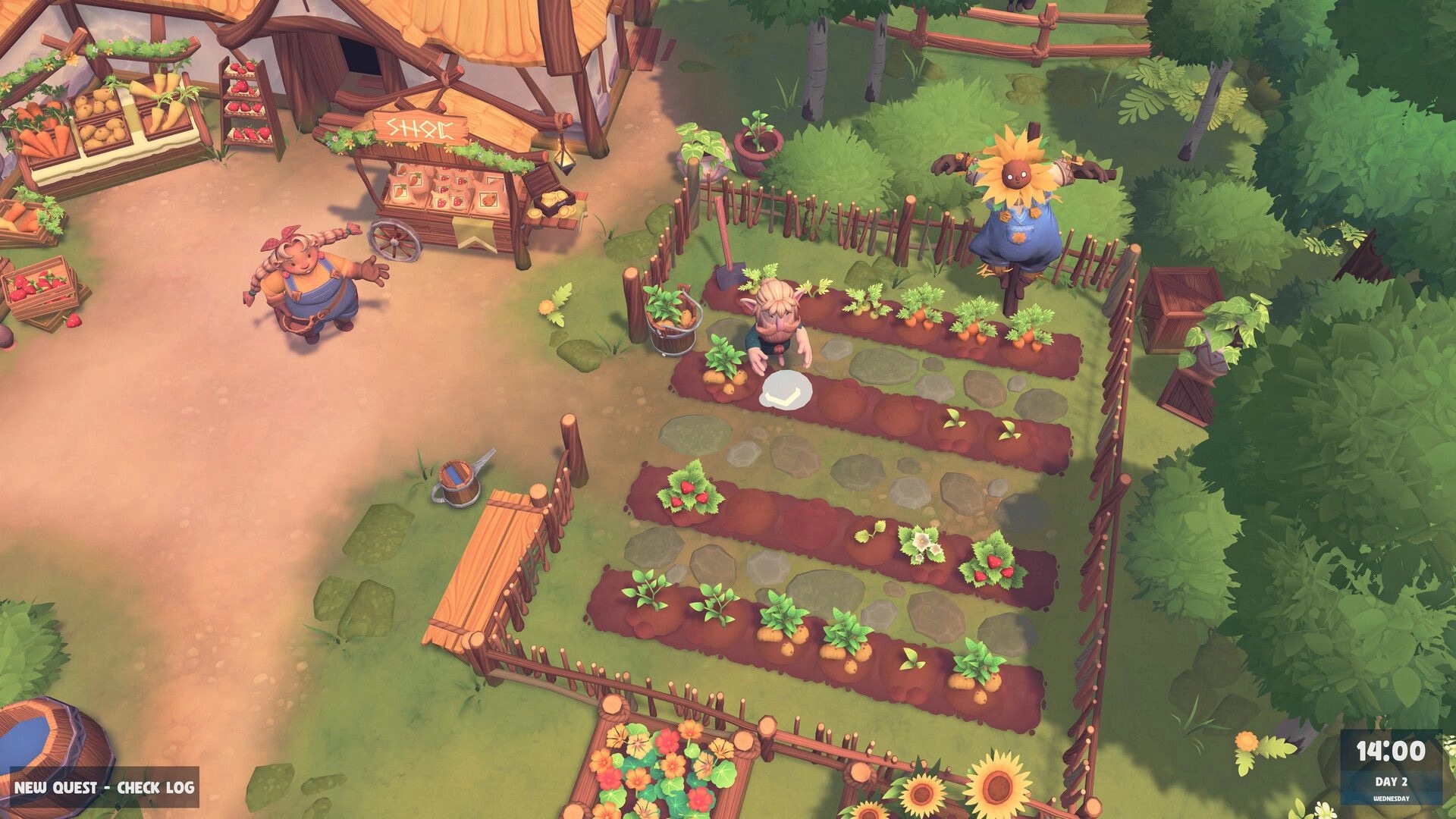 Meadgard: Player tends fenced vegetable garden beside shop stall and scarecrow, daytime UI clock visible.