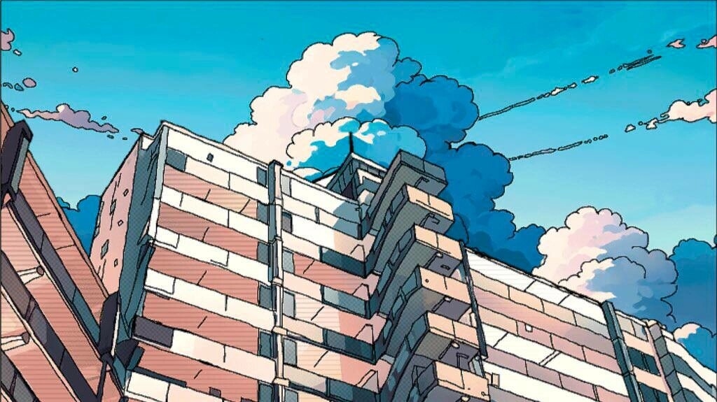 MEAT-GRINDER: Upward view of a tall apartment building against a bright blue sky with clouds.