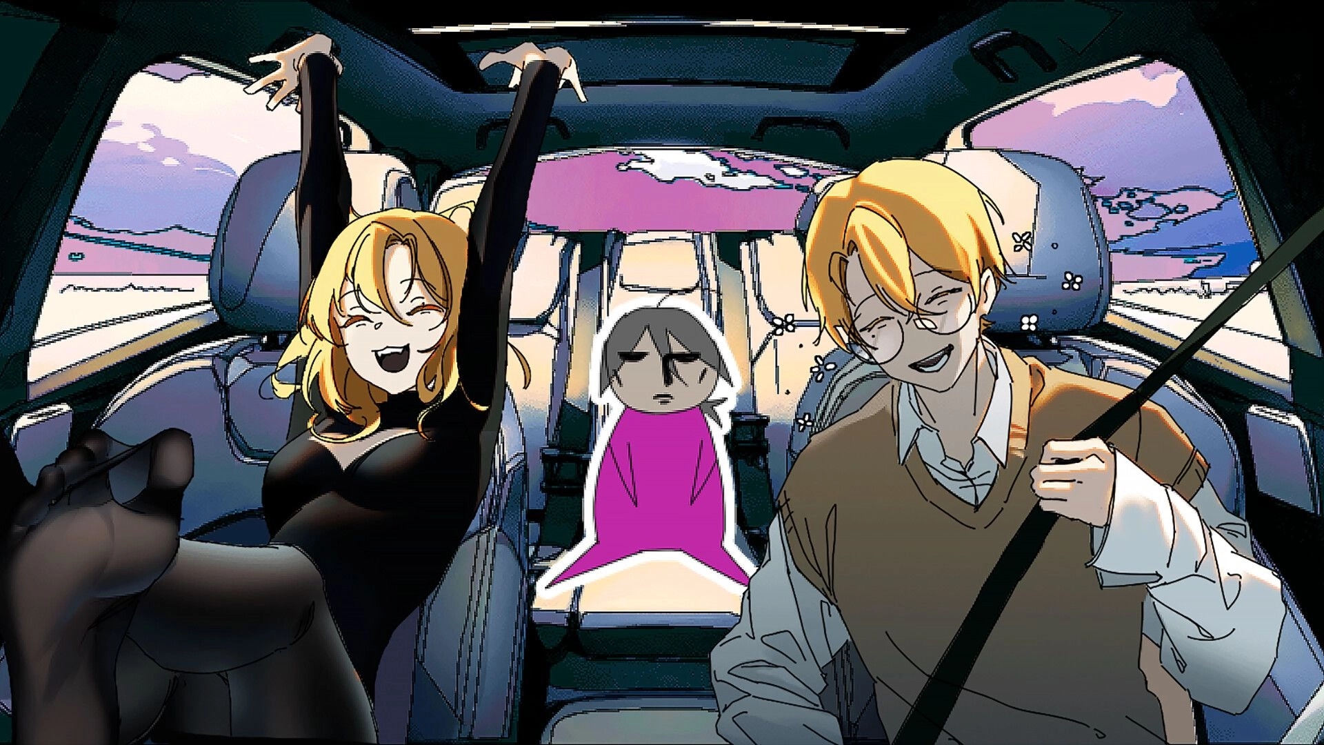 MEAT-GRINDER: Two laughing passengers in a car, woman stretching and man seatbelted, kid in backseat.