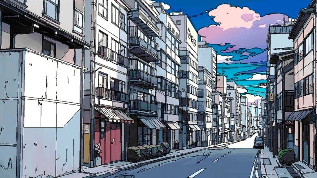MEAT-GRINDER: Empty city street with apartment balconies and storefront awnings under a vivid sky.