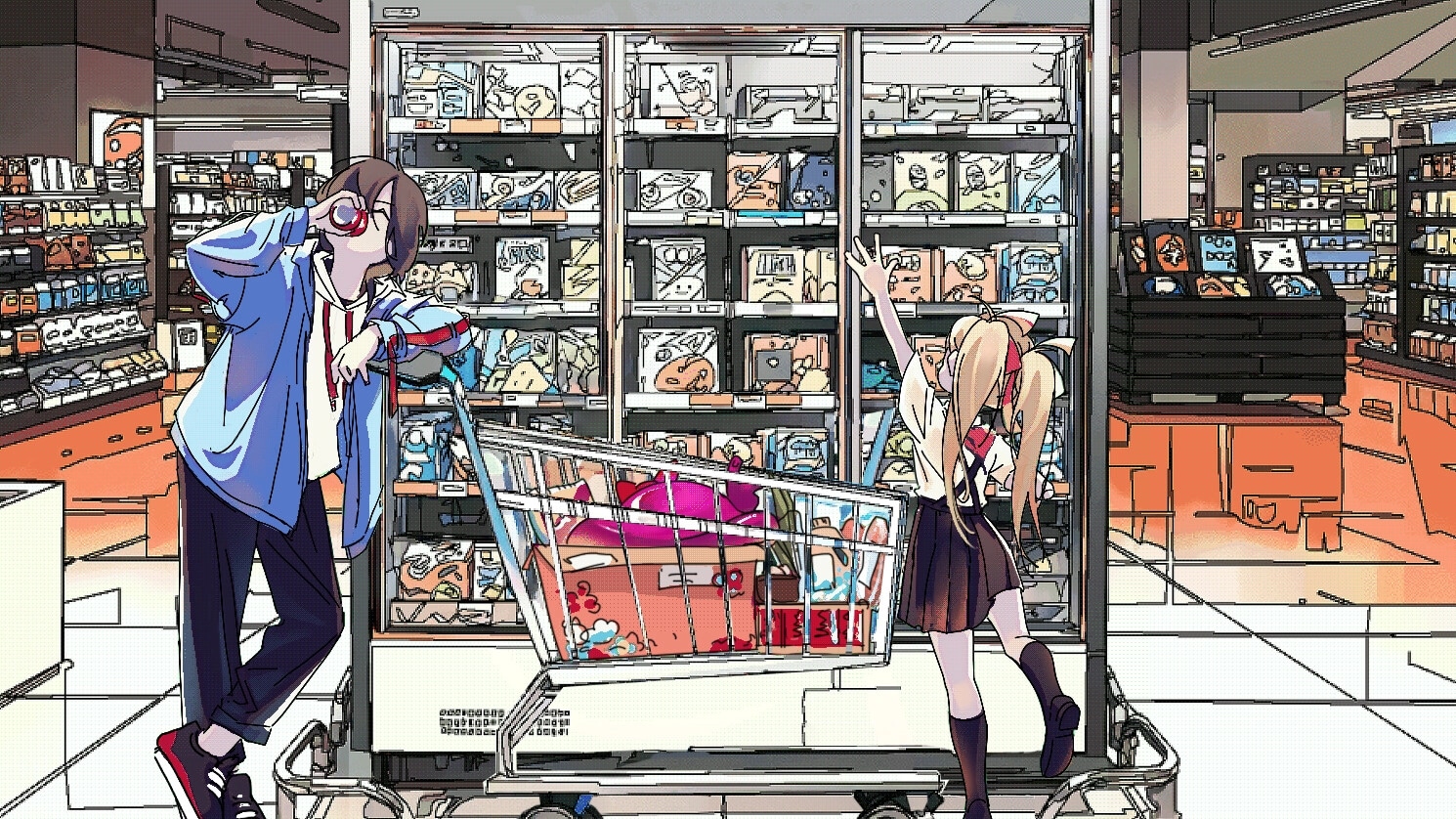 MEAT-GRINDER: Two anime characters by a shopping cart in a store aisle, shelves packed with goods.