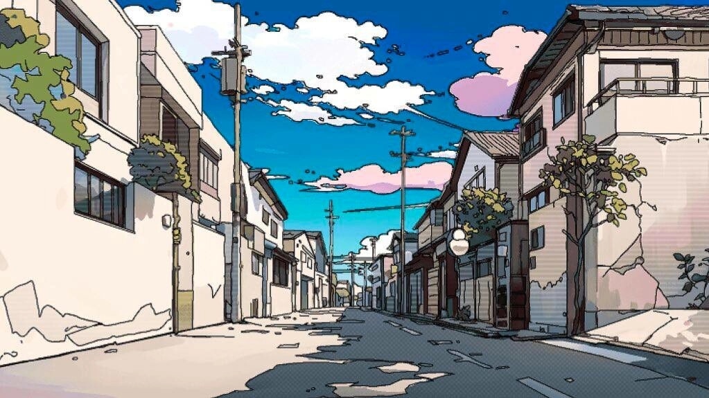 MEAT-GRINDER: Empty residential street scene with houses, power lines, and clouds under blue sky.