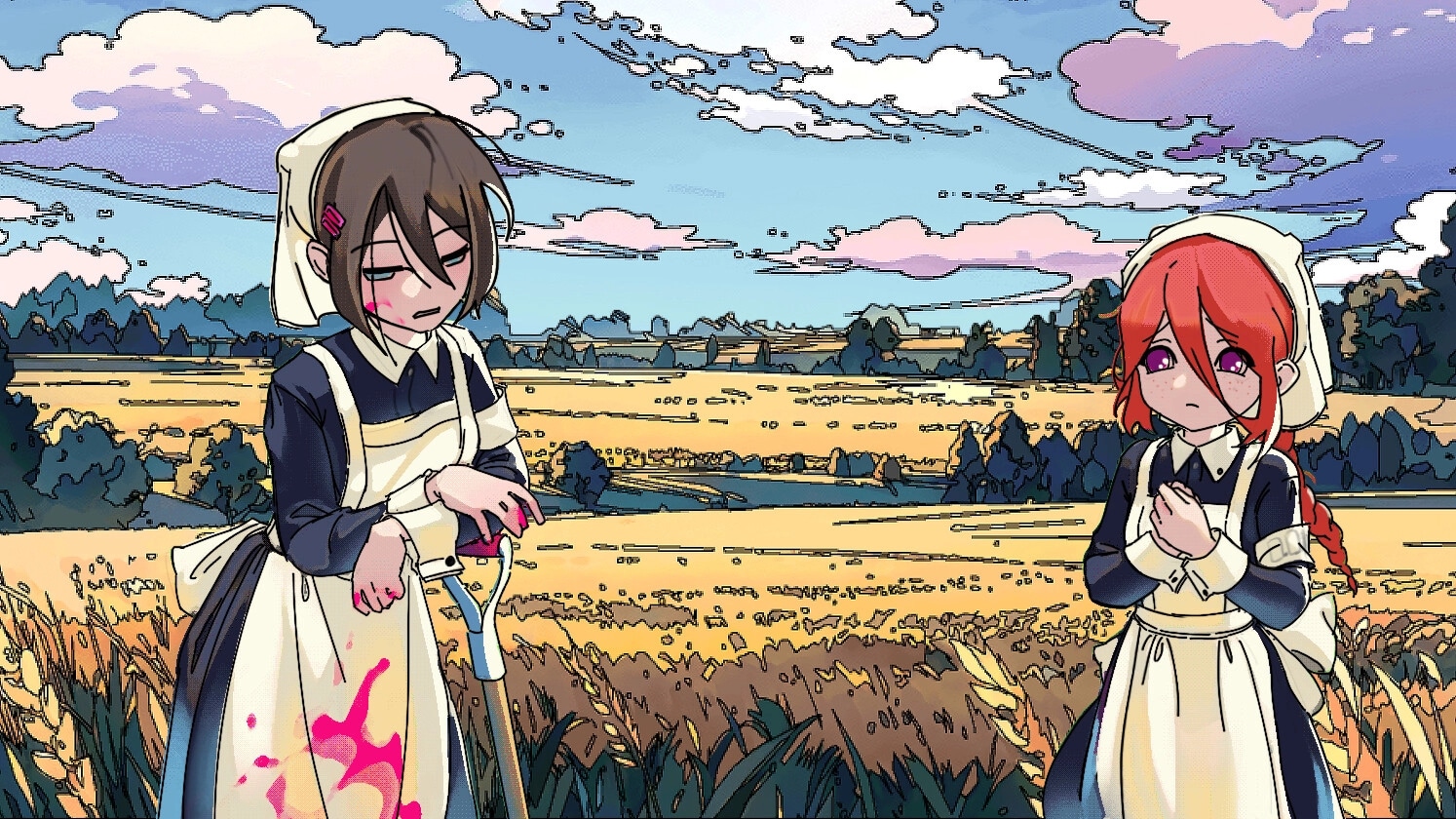 MEAT-GRINDER: Two maids talk in a wheat field at dusk, one holding a shovel with bloodstains.