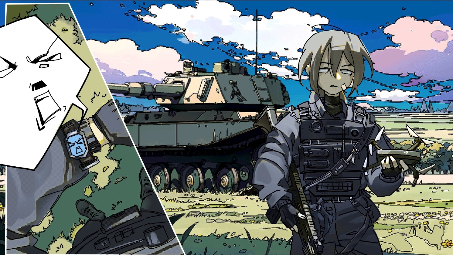 MEAT-GRINDER: Soldier in tactical gear with rifle and drone, tank behind under cloudy sky.