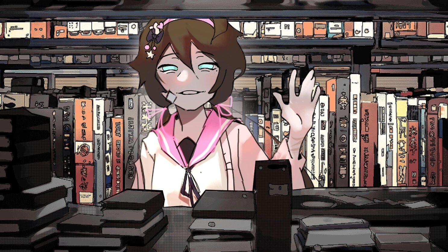 MEAT-GRINDER: Anime girl in sailor uniform waves behind counter, surrounded by shelves of VHS tapes.