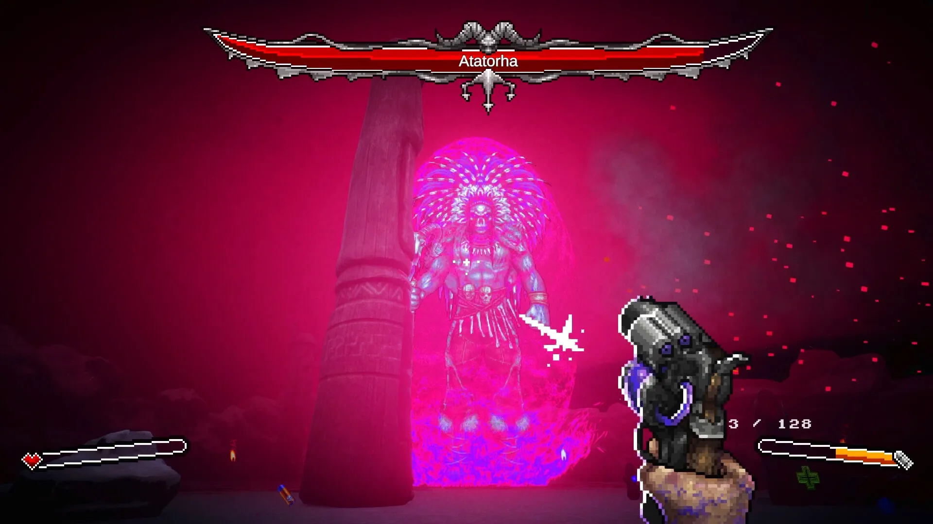 M.E.A.T. II: Facing Atatorha with a telestarion shotgun in a vivid, ominous arena with health bars.